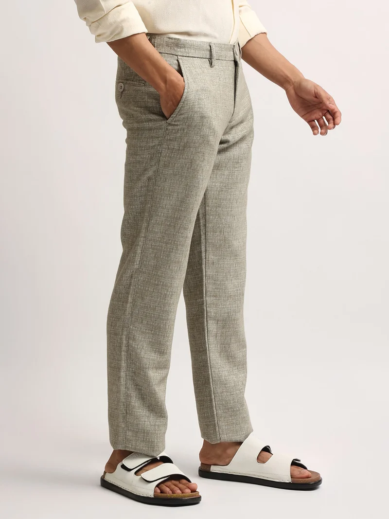 مانياك Maniac Mens Solid Olive Elastic Linen Cotton Blend Trouser